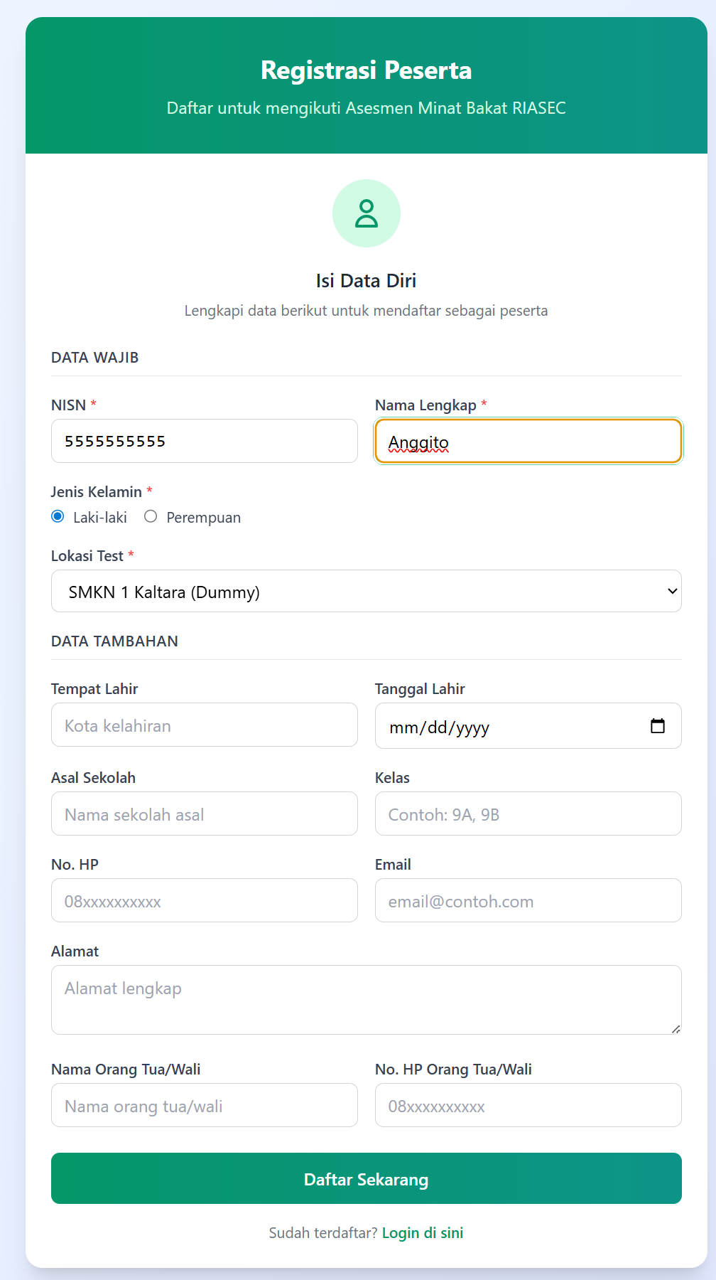 Halaman Registrasi Siswa
