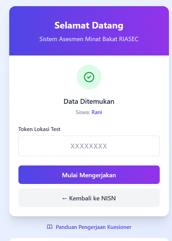 Halaman Token Lokasi Test